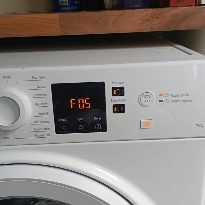 Washing machine display showing an F05 fault code